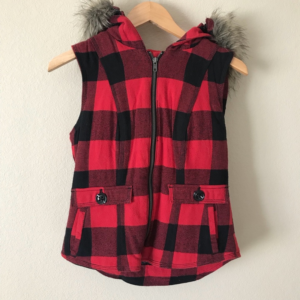 Mossimo Hooded Vest Buffalo Plaid Faux Fur Trim